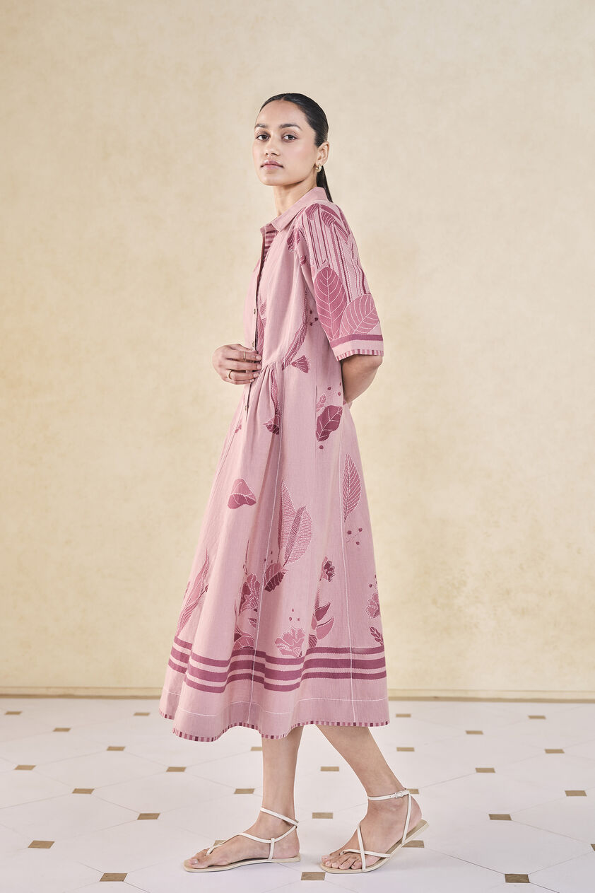 Fig Hand-embroidered Kantha Linen Dress - Pink, Pink, image 3